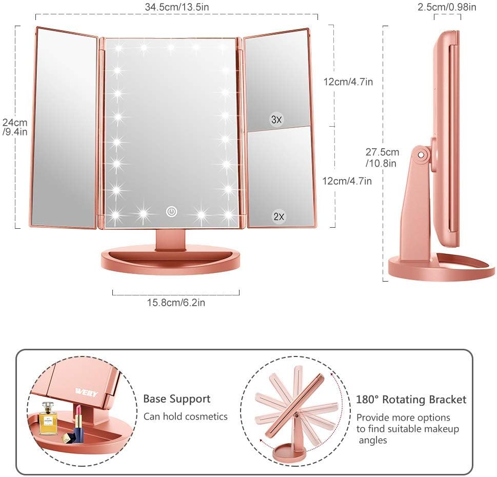 WEILY Tri-fold Vanity Mirror, 21 LEDs and 2X/3X Magnification - Image 5
