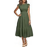 Holipick Casual Summer Dresses Women - Flutter Sleeves Crew Neck Smocked High Waist Tiered A-Line Midi Dress