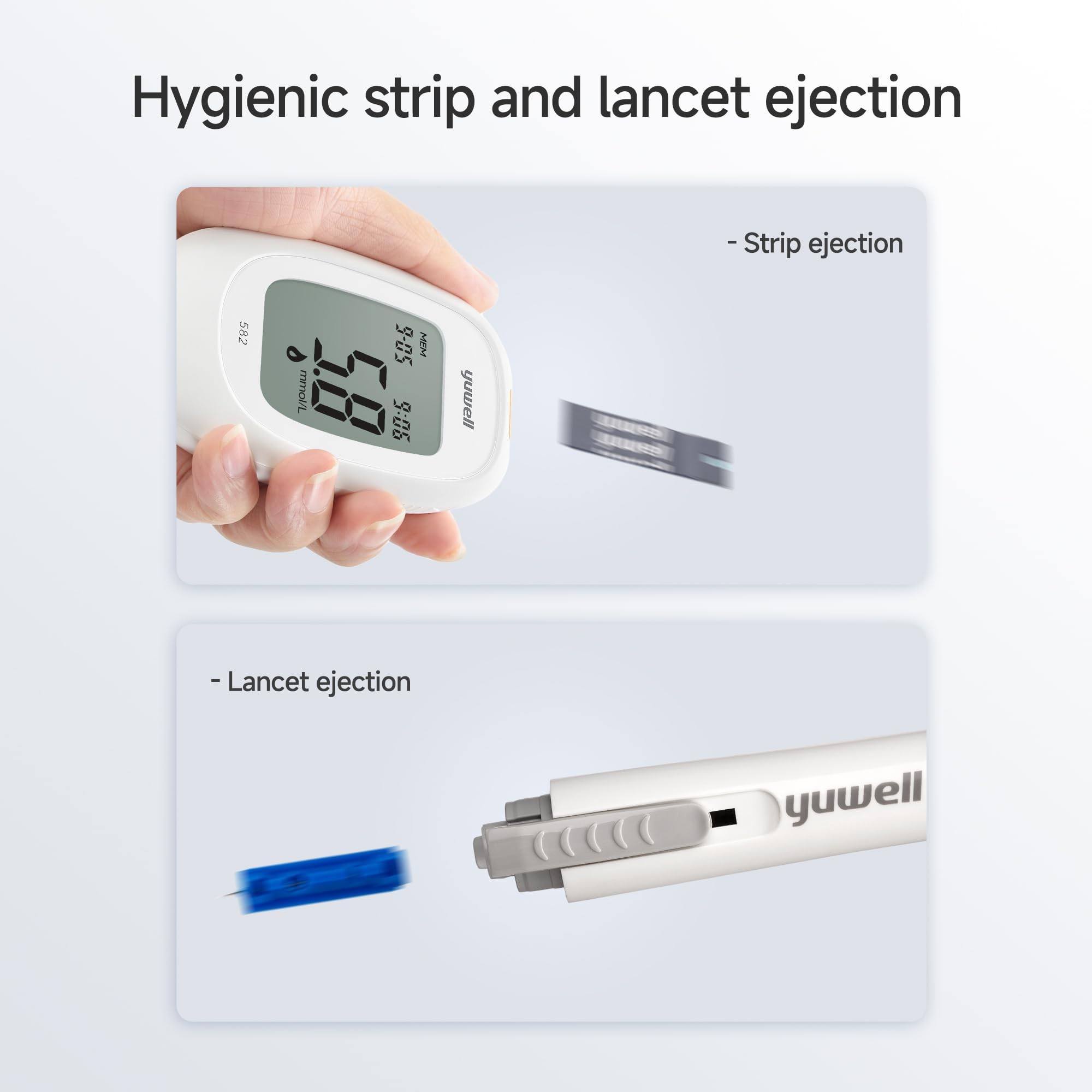yuwell Blutzuckermessgerät Set mit Teststreifen x 50 und Lanzetten x 50, Diabetes Test ideal für den Heimgebrauch, Zuckermessgerät zur Selbstkontrolle des Blutzuckers bei Diabetes (Modell 582) 7