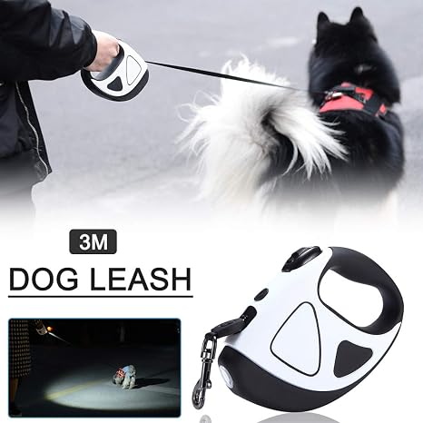 Amazon Co Jp 犬用led懐中電灯付き格納式犬用鎖 360 絡まない伸縮式鎖 滑り止めハンドル付きナイロンコード犬用鎖 片手ブレーキ 一時停止 ロック 3m ペット用品