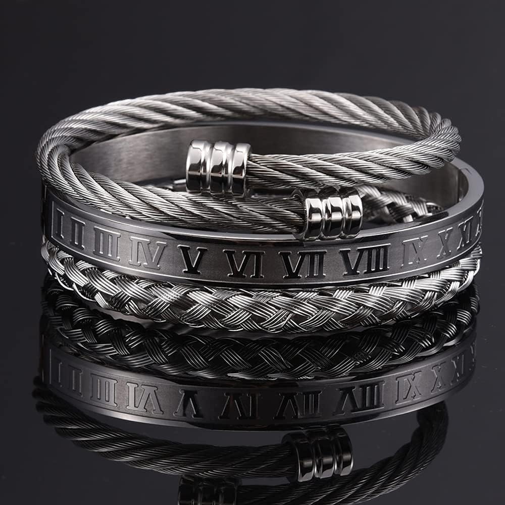 WFYOU 3PCS Stainless Steel Bracelets for Men Gold Roman Numeral Bangle Bracelet Twisted Cable Bracelet Adjustable Cuff Bracelet Mens Luxury Jewelry Bracelets Gifts: Clothing