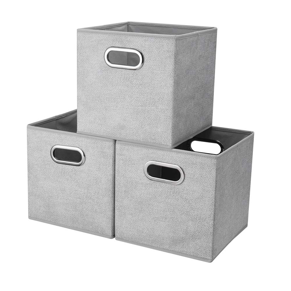 HSDT 3 Cube Storage Bins Grey White 10.5x10.5x11 Inch Foldable Grid Print Fabric Half Storage Basketes for Home Organizers Storage Drawer,QY-SC14-3