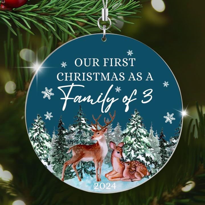 Photo 1 of  1 First Christmas As a Family of 3 First Christmas Ornament Baby First New Mom New Parents Gifts for Couples & 2 50 Pack Flower Stickers (100 Total)