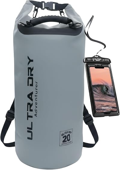 Ultra Dry Adventurer Premium 20L Waterproof Dry Bag with Phone Case Gray