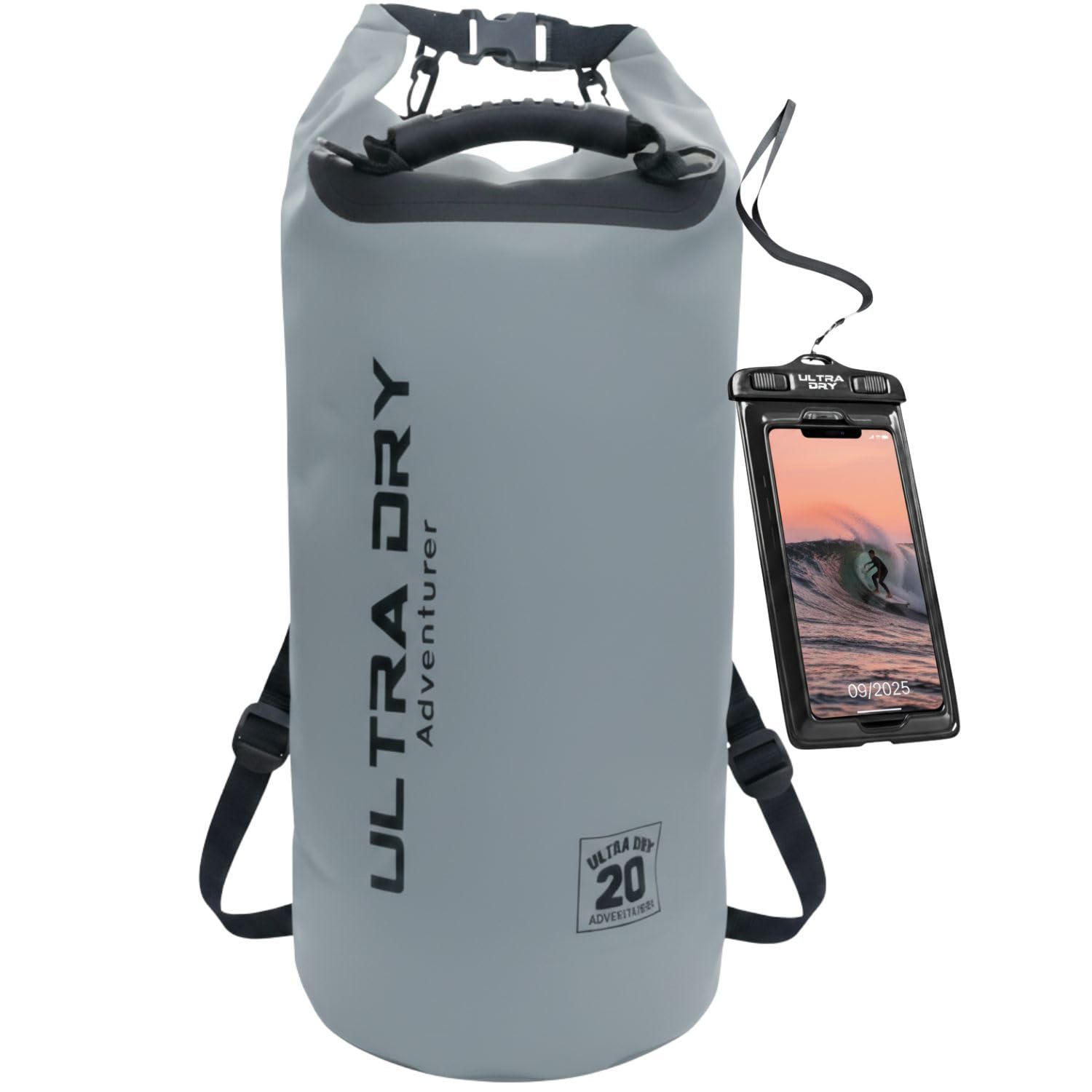 Premium Waterproof Bag, Sack with Phone Dry Bag and Long Adjustable Shoulder Strap Included, Perfect for Kayaking/Boating/Canoeing/Fishing/Rafting/Swimming/Camping/Snowboarding (Gray, 20 L)