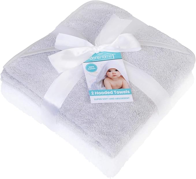Hooded Baby Towel Pack of 2 Soft 100 Cotton Bath Wrap, Grey & White