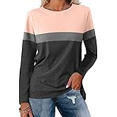 Jeqeocafy Women's Color Block Tunics Tops Crewneck Long Sleeve Shirts Casual Pullover Loose Fit T-Shirt