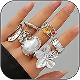 GLMOCM Chunky Gold Rings for Women Adjustable Stackable Statement Rings Set Baroque Pearl Flower Ring Knuckle Ring Chunky Jewelry Gift for Women