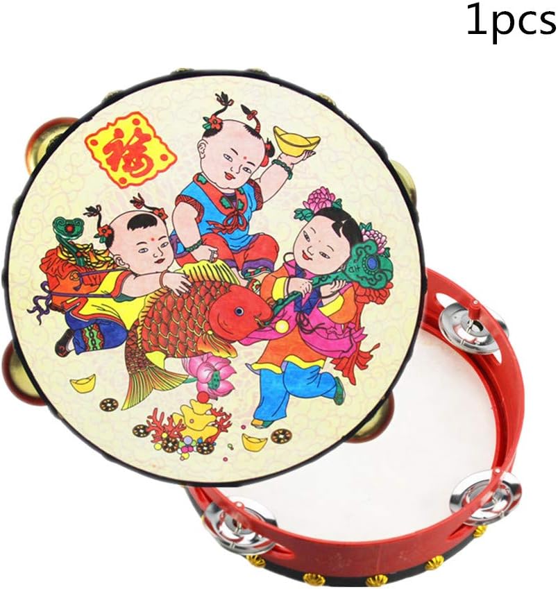 Wooden Tambourine Hand Bell Auspicious Baby Pattern Drum Rattles Clap Drum Musical Percussion Instrument Toy Random