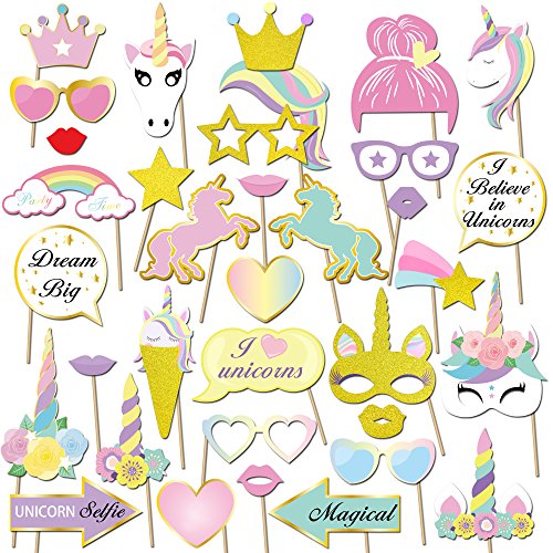Unicorn Party Supplies,Konsait Glitter Unicorn Photo Booth Props Funny Rainbow Unicorn Pegasus Photo Props for Unicorn Baby Shower Birthday Party Decoration Favors Supplies for Girl Kids