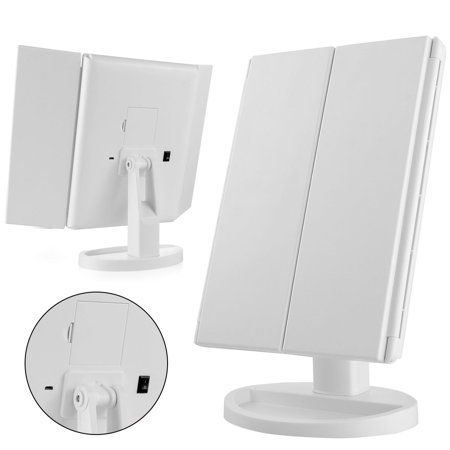 Specchio per il Trucco a Tre Ante,con illuminazione LED,touch-screen, ricaricabile con USB, con 22 luci LED naturali, regolabile a 180°, per il trucco, ripiegabile, con illuminazione- Bianco