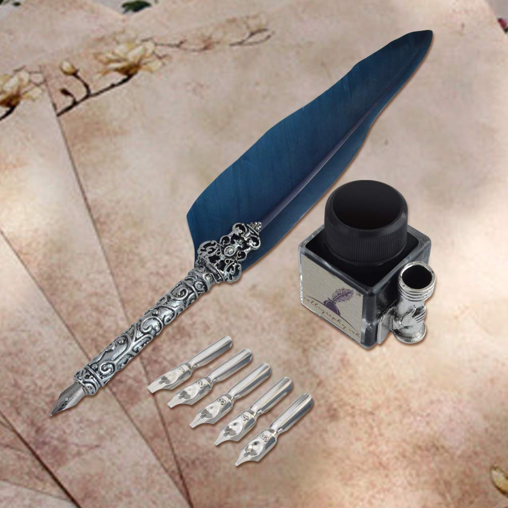 mifengda Antique Feather Dip Pen Set Vintage Writing Quill Ink Dip Pen Set Calligraphy Pen Set Luxury Quill Pen and Ink Accessories Set with 5 Metal Nibs Best Gift Set