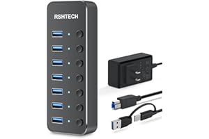 Powered USB Hub, RSHTECH 7 Port USB 3.0/USB C Hub Upgraded Version Aluminum USB Port Expander with 2-in-1 USB Cable,5V Power Adapter and Individual Switches, USB Splitter for Laptop and PC, RSH-ST07