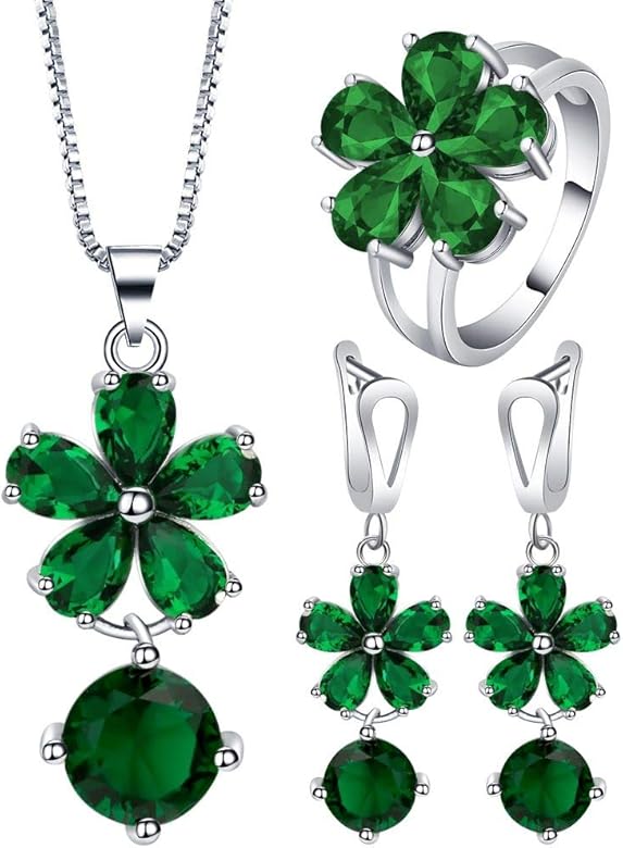 Amazon Jixin4you 四点セット 指輪 リング ピアス イヤリング ネックレス 婚約指輪 レディース オシャレ 華奢 ファッション シンプル 彼女 プレゼント ジルコニア グリーン シルバーa約19号 ネックレス 通販
