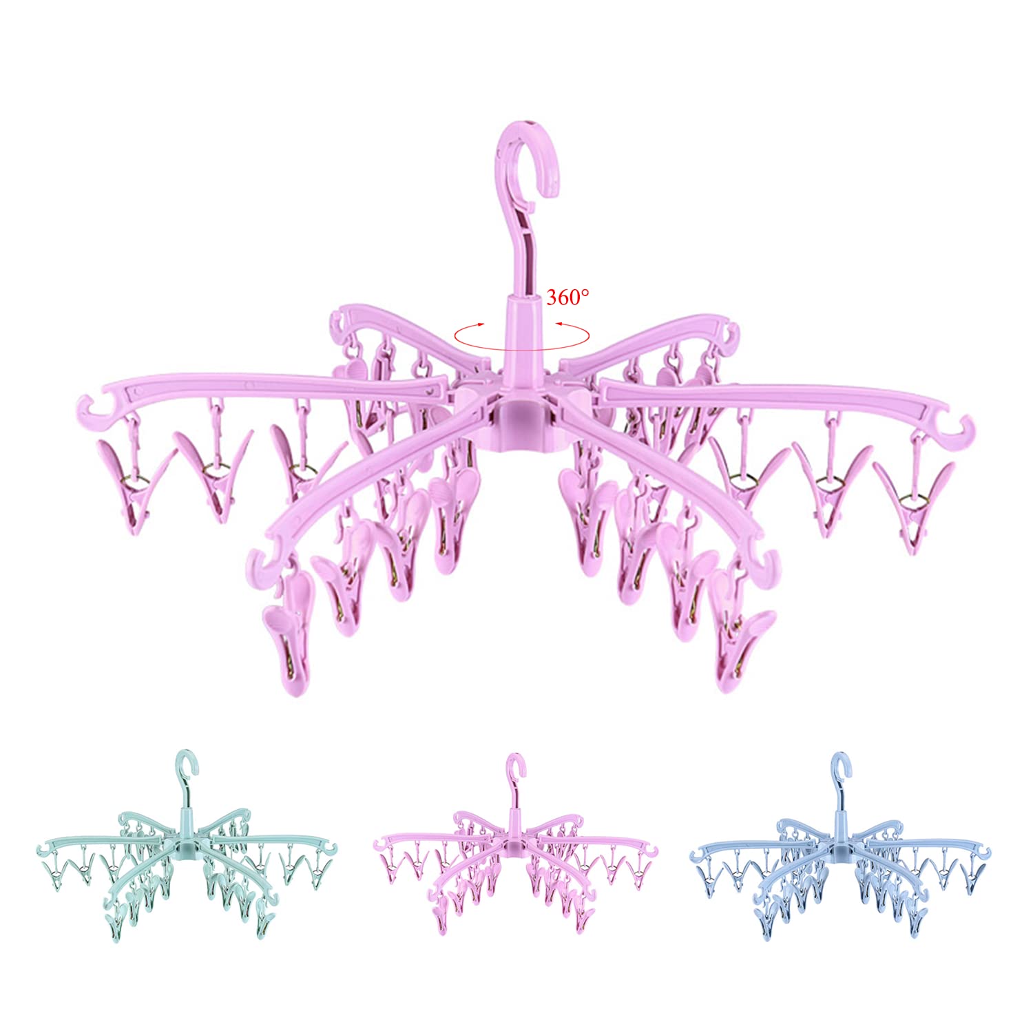 BONYCUST 24 Peg Folding Sock Hanging Rotatable Drying Rack Hanger Sock Dryer for Lingerie Clothes Shoe Insoles Underwear Baby Clothes & Hats (Pink) — image 1