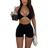 MakeMeChic Women's Summer Halter Short Rompers Cut Out Backless Unitard Jumpsuit