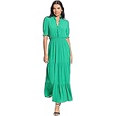 London Times Womens Smocked Puff SLV Ruffle Nk Tiered Midi Dress
