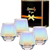 Gutsdoor Stemless Wine Glasses Set of 4, 10 OZ Diamond Shaped Wine Glasses, Iridescent Glassware Engagement Wedding Gifts