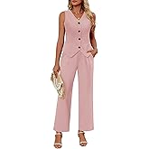 Ficerd Women's 2 Piece Outfits, Sleeveless Cotton Suit Vest and Wide Leg Pant Summer Business Casual Button V Neck Blazer Set(Pink,Medium)
