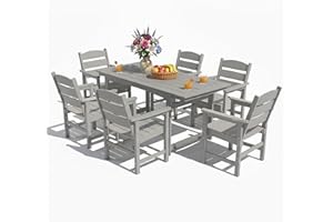 Sunnibety 7-Piece HIPS Patio Dining Set, Outdoor Dining Table and Chairs Set with Umbrella Hole, Weatherproof Dining Table Set for 6 Person, Patio Furniture Set for Outside Deck, Grey
