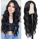 Colorful Queen 26 Inch Long Wavy Synthetic Lace Wig for Women Natural Looking Middle Part Black Wig for Daily Party Use Halloween Cosplay