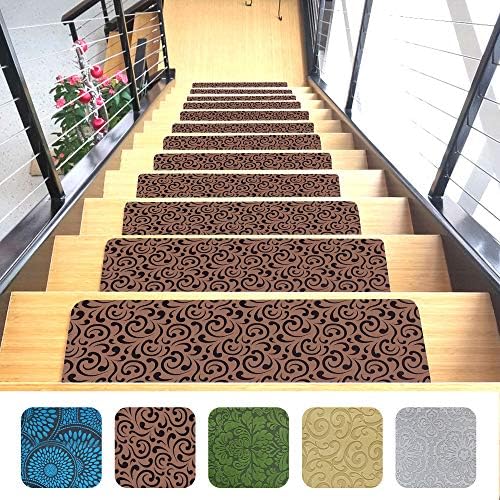 Designer Indoor Stair Mats, Ultra-Thin Microfiber Stair Carpet with Slip-Resistant Rubber Backing to Reduce Slipping Risk - Quick and Easy to Install- Premium Quality (9”x26”, Brown, Set of 7)