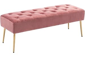 DUHOME Modern Velvet Ottoman Bench, Button-Tufted Upholstered Bedroom Benches,End of Bed Bench with Gold Base for Entryway Living Room Dining Room, Pink