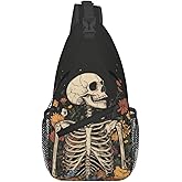SUPLUCHOM Sling Bag Skeleton Flower Skull Vintage Hiking Daypack Crossbody Shoulder Backpack Travel Chest Pack for Men Women