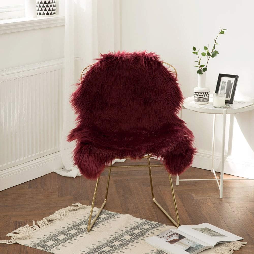 MIULEE Faux Fur Area Rugs Sheepskin Fluffy Mat Fleece Chair Cover Seat Pad Soft Shaggy Area Mat for Bedroom Sofa Floor 60 x 90 cm Irregular Shape Burgundy Red - Image 3