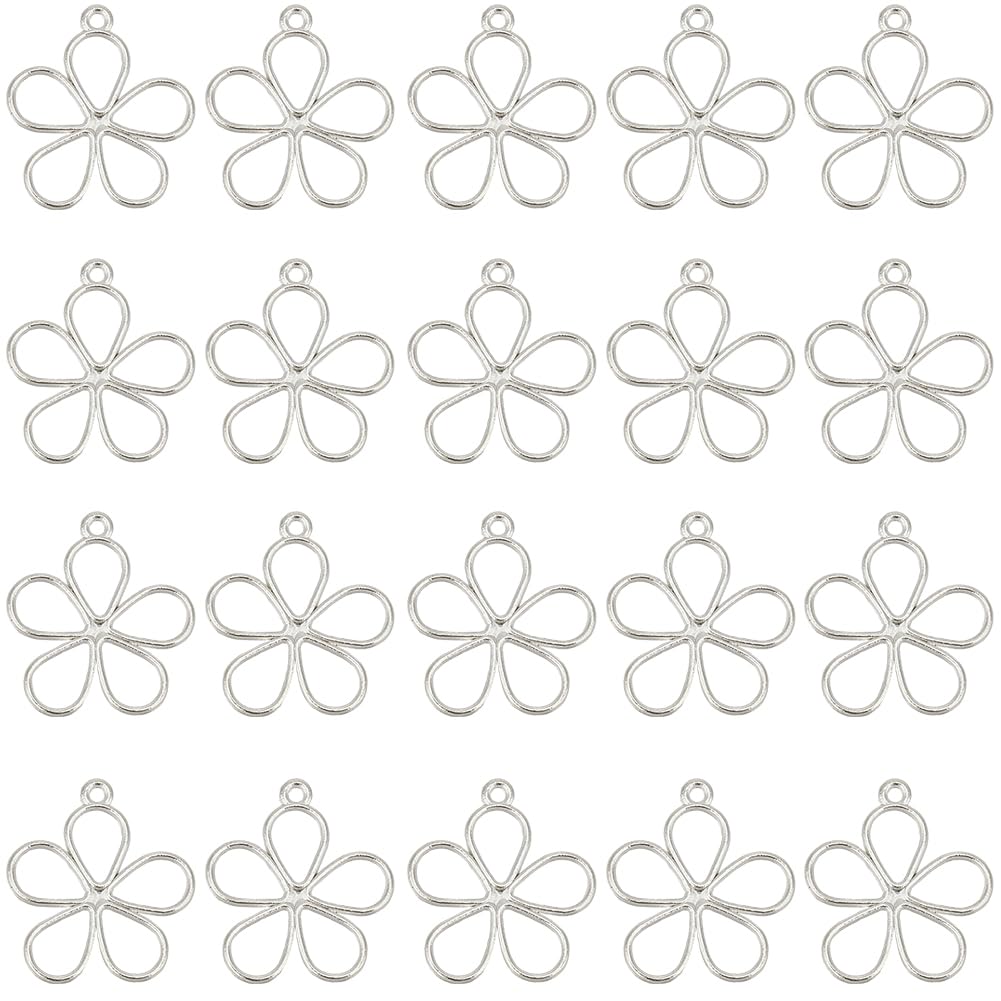 SUNNYCLUE 1 Box 100Pcs Hollow Flower Charms Small Flowers Charms Open Back Bezel Alloy Frame Vintage Small Cute Blossom Dangle Silver Charm for jewellery Making Charms DIY Necklaces Bracelets Earring