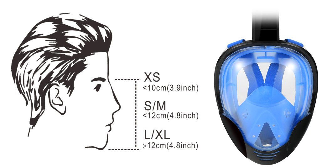 Jasontric Snorkel Mask Full Face with Detachable Mount Pivot for GoPro Arm Large View Free Breath Dry Top Set Leakproof Fogproof for Adult (Blueblack)