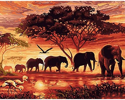 WHZZ DIY Painting by Numbers for Adults Oil Painting, Paint by Number Kit- Dusk Elephant 16x20inch (Frameless)