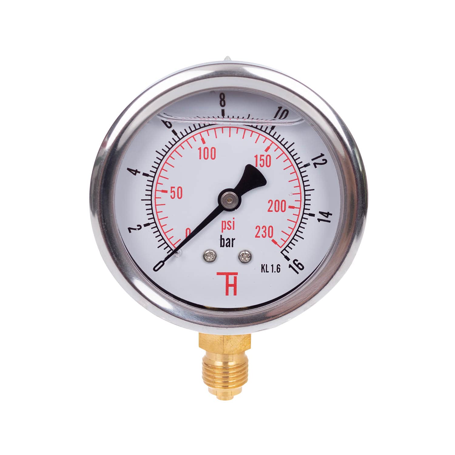 THERMIS Pressure Gauge 304G 1/4 Connection from Bottom 0-16 bar / 0-230 psi, Shock resistant