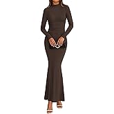 dowerme Spring Dresses for Women 2026 Formal Mock Neck Long Sleeve Ruched Knit Bodycon Mermaid Maxi Wedding Guest Dress