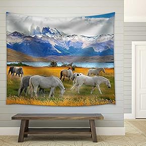 Beautiful White and Gray Horses Grazing in a Meadow Near The Lake. on The Horizon, Towering Cliffs Torres Del Paine - Fabric Wall Tapestry Home Decor - 51x60 inches