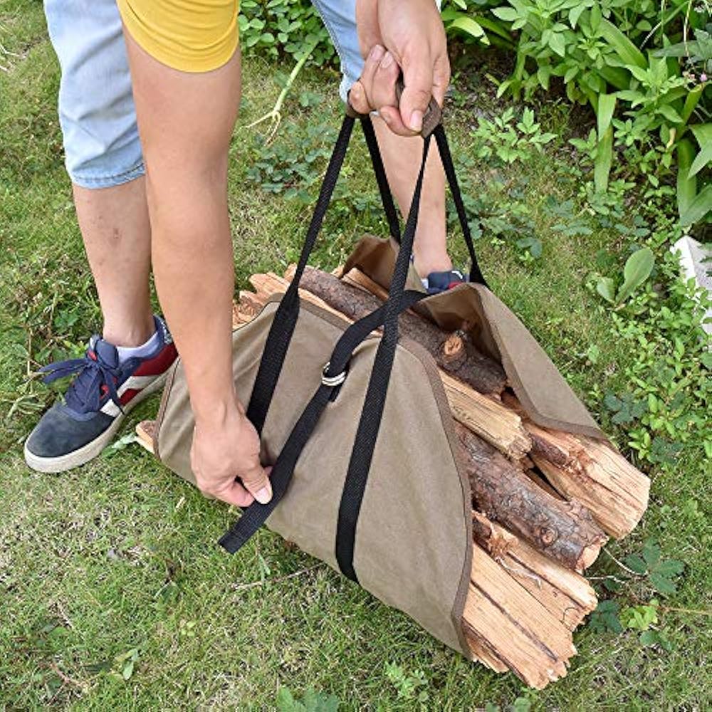 Waxed Canvas Log Carrier, Durable Firewood,Fireplace Tote Bag