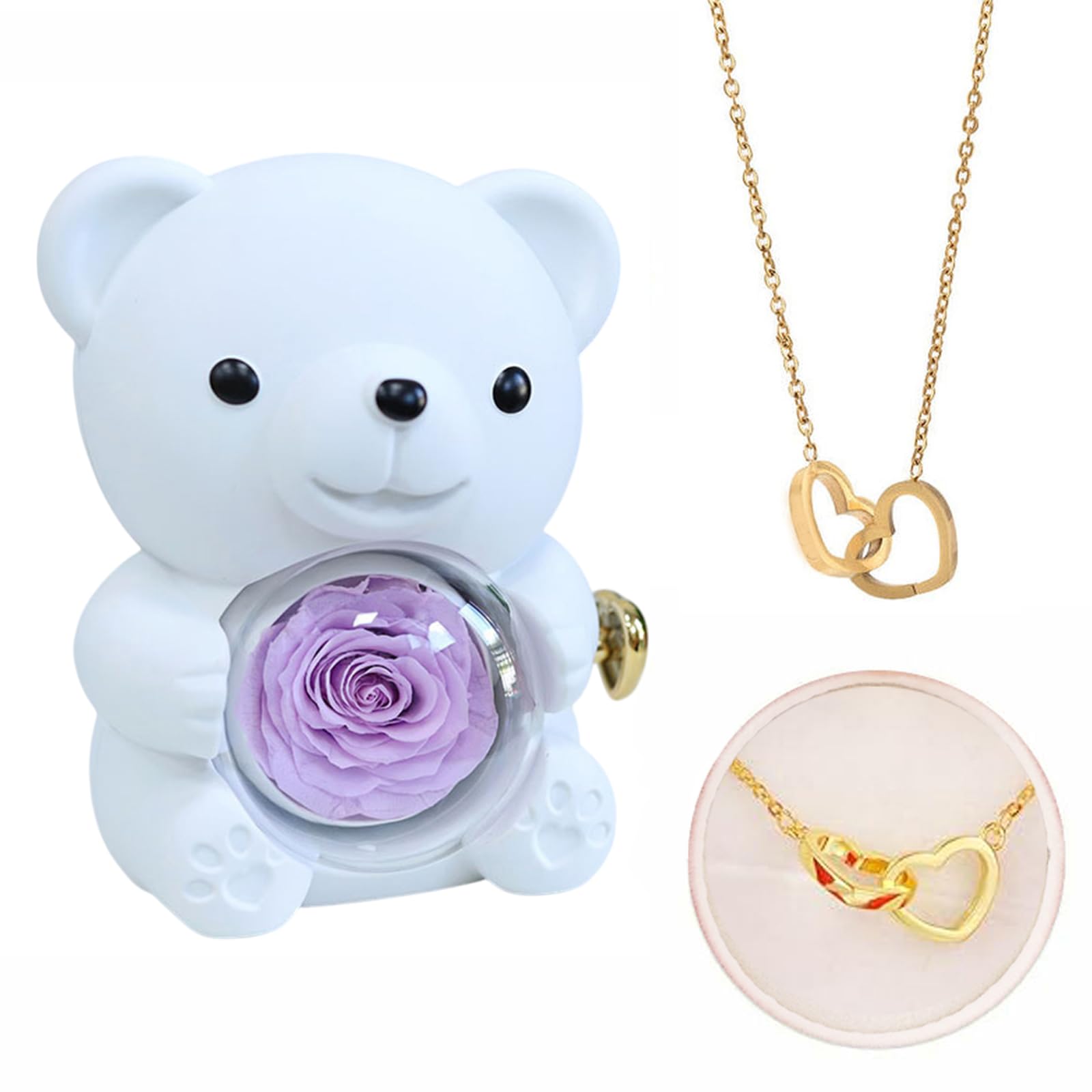[Drawelry] Personalized Heart Necklace with Genuine Rose Bear Jewelry Box Preserved Eternal Rose Hug Bear Gift Set, Heart Necklace Bear Box Christmas Valentine Birthday Gift