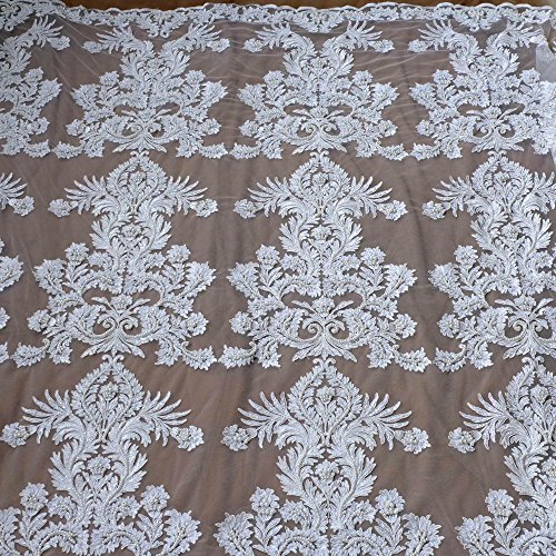 Off white large pattern cord lace fabric super heavy handmade beading wedding dress lace fabric 51' width 1 yard - Thumbnail 2