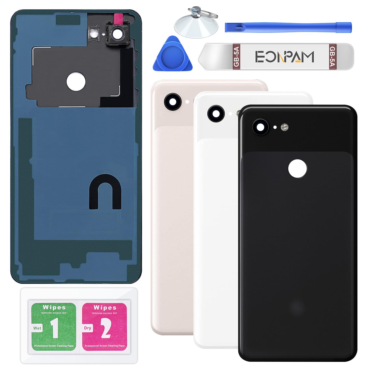 Eonpam Back Cover Glass for Google Pixel 3 XL Rear Glass Replacement with Camera Lens + Repair Kit Rear Housing (Just Black)