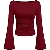 PRETTYGARDEN Womens Long Sleeve Shirts 2026 Spring Crop Going Out Tops Casual Boat Neck Bell Sleeve Ribbed Ruched Y2K Clothes