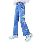 ToeJusty Girls Wide Leg Jeans | Colorful Butterfly Print Denim Pants | Elastic Wasit Baggy Straight Kids Clothes 4-14 Years
