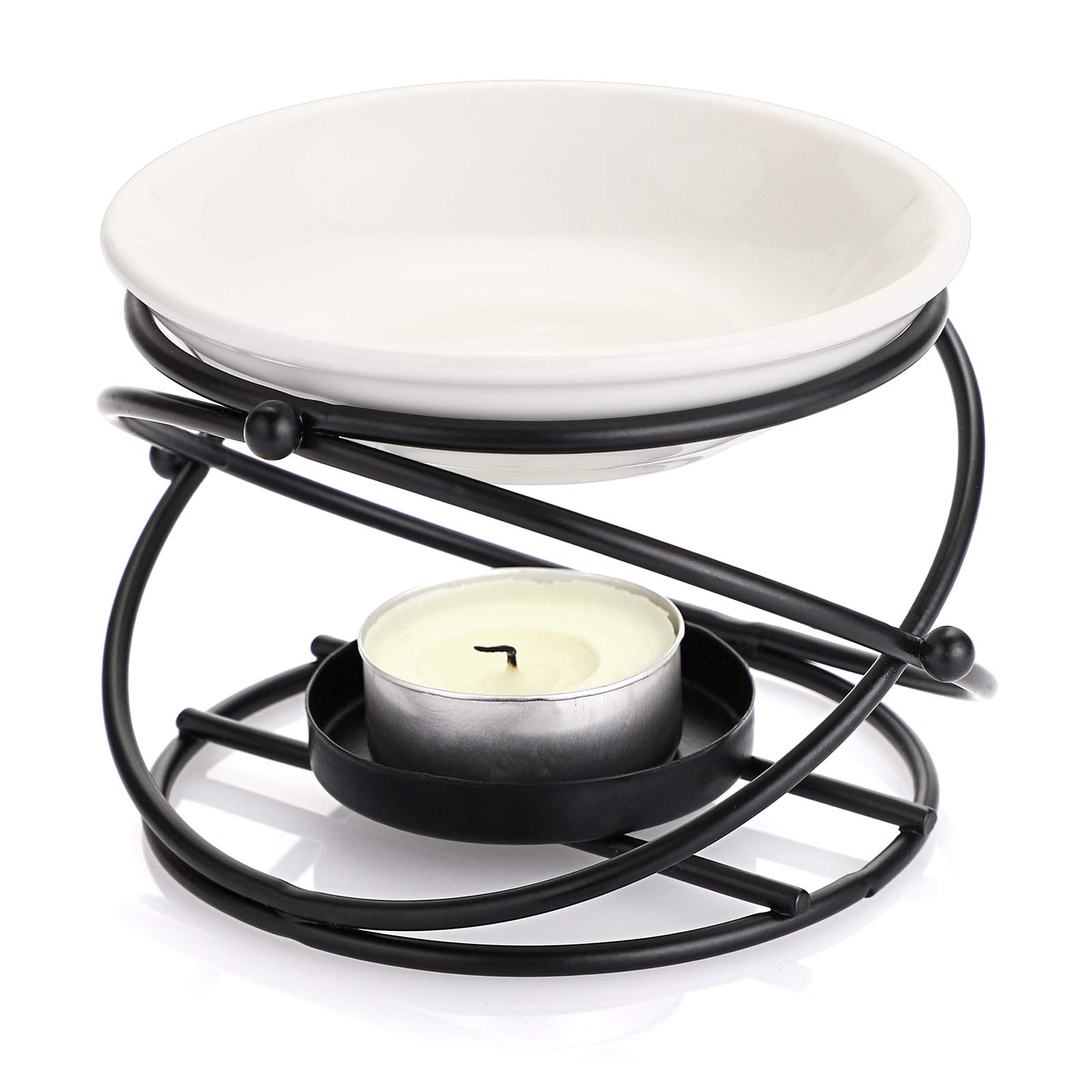 BSTKEY Metal Essential Oil Burner Wax Melt Burner with Ceramic Bowl, Home Decorative Tea Light Candle Holder Aroma Diffuser, Round Shape (Black)