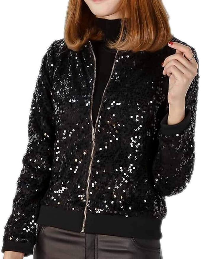 Womens Sparkle Sequin Long Sleeve Jacket Coat Zipper Front Bling Bling Overcoat Top with Pocket 