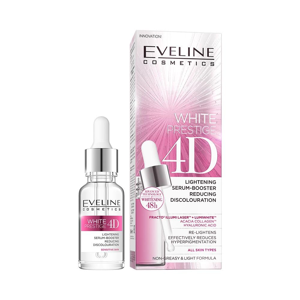 Eveline Cosmetics White Prestige 4D Brightening Serum Booster for Reducing Discoloration - Advanced Fracto Illumi Laser Technology with Lumiwhite Complex, 18ml