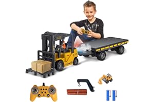 KNACKTOYZ Remote Control Forklift with Flatbed Truck, 11 Channel RC Forklifts with Spray, Cool Lights & Sound, 2 in 1 Lift Fork & Hook, Crane Construction Toys for Boys, Birthday Gift for Kids 3+