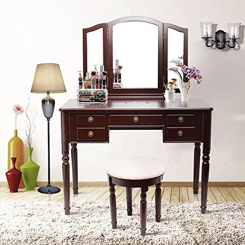 Blongang Vanity Set Tri-Folding Mirror Vanity Make-up Table Bedroom Dressing Table Set with Stool 5 Drawers (Brown)