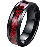 8mm Red Carbon Fiber Black Celtic Dragon Ring For Men Beveled Edges Wedding Band