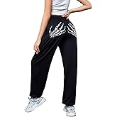 WDIRARA Women's Skeleton Hand Print Elastic Waist Long Jogger Pants Sweatpants