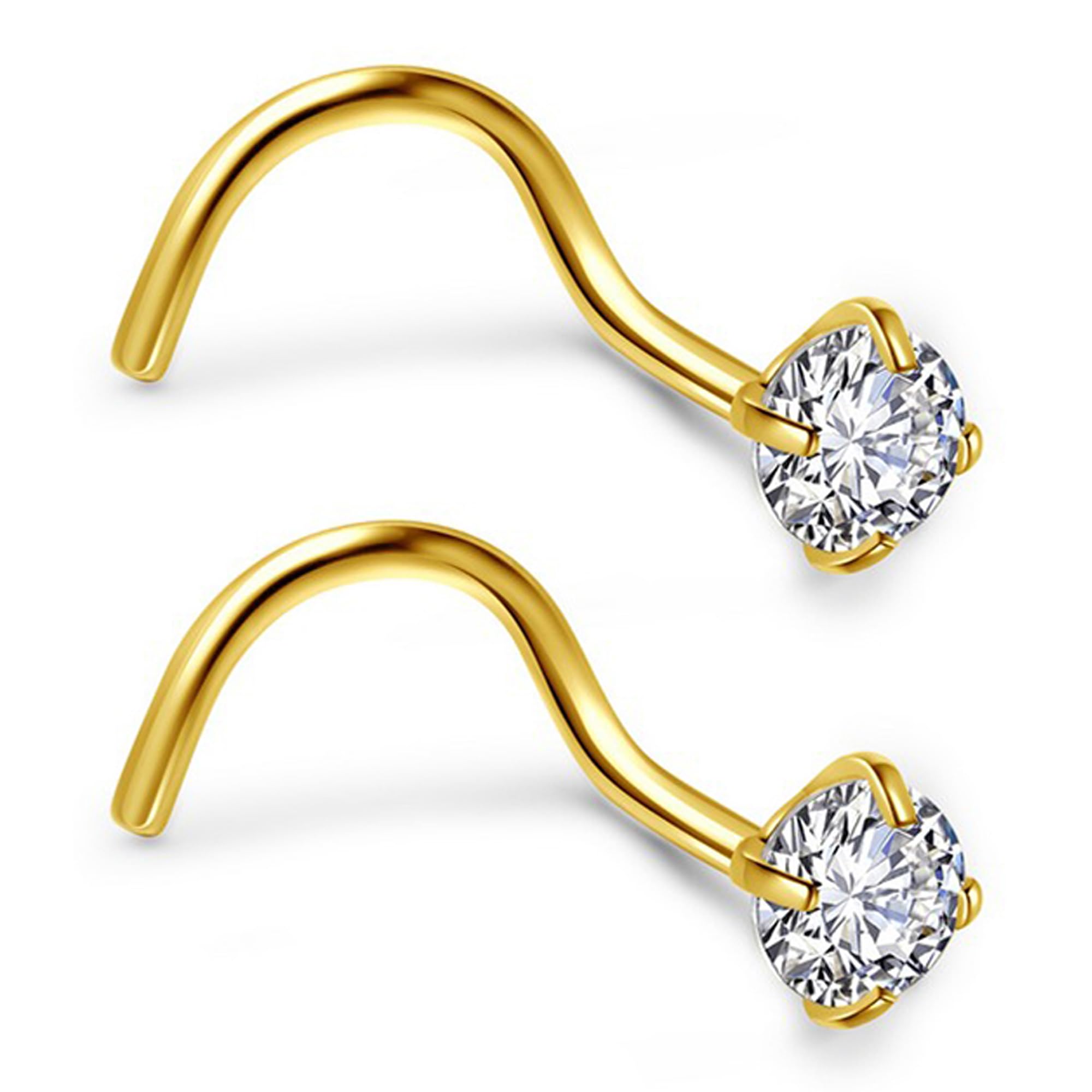 Jovivi 2pc 20G Stainless Steel Clear Cubic Zircon Nose Stud Curved L Shaped Screw Nose Ring Gold Nose Piercing Nose Studs For women Jewellery