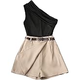 MakeMeChic Women's Summer 2 Piece Sets One Shoulder Ruched Sleeveless Tank Tops Wrap Skort Shorts Set
